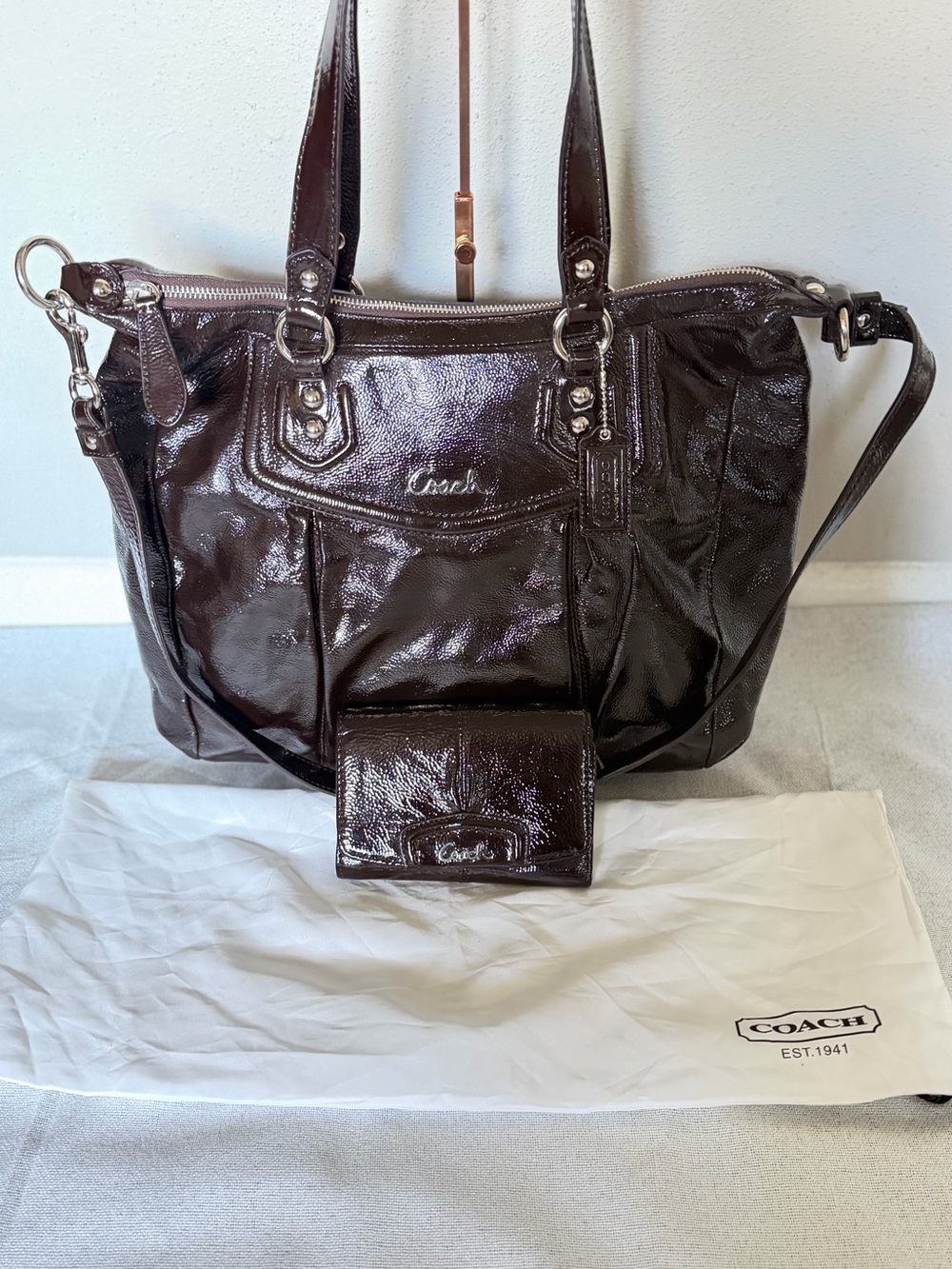 Coach Ashley patent shoulder bag plush matching wallet